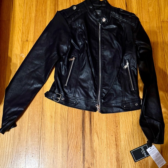 NWT- Current GUESS Women's Black Leather Jacket S small - fitted / biker jacket - Picture 2 of 12